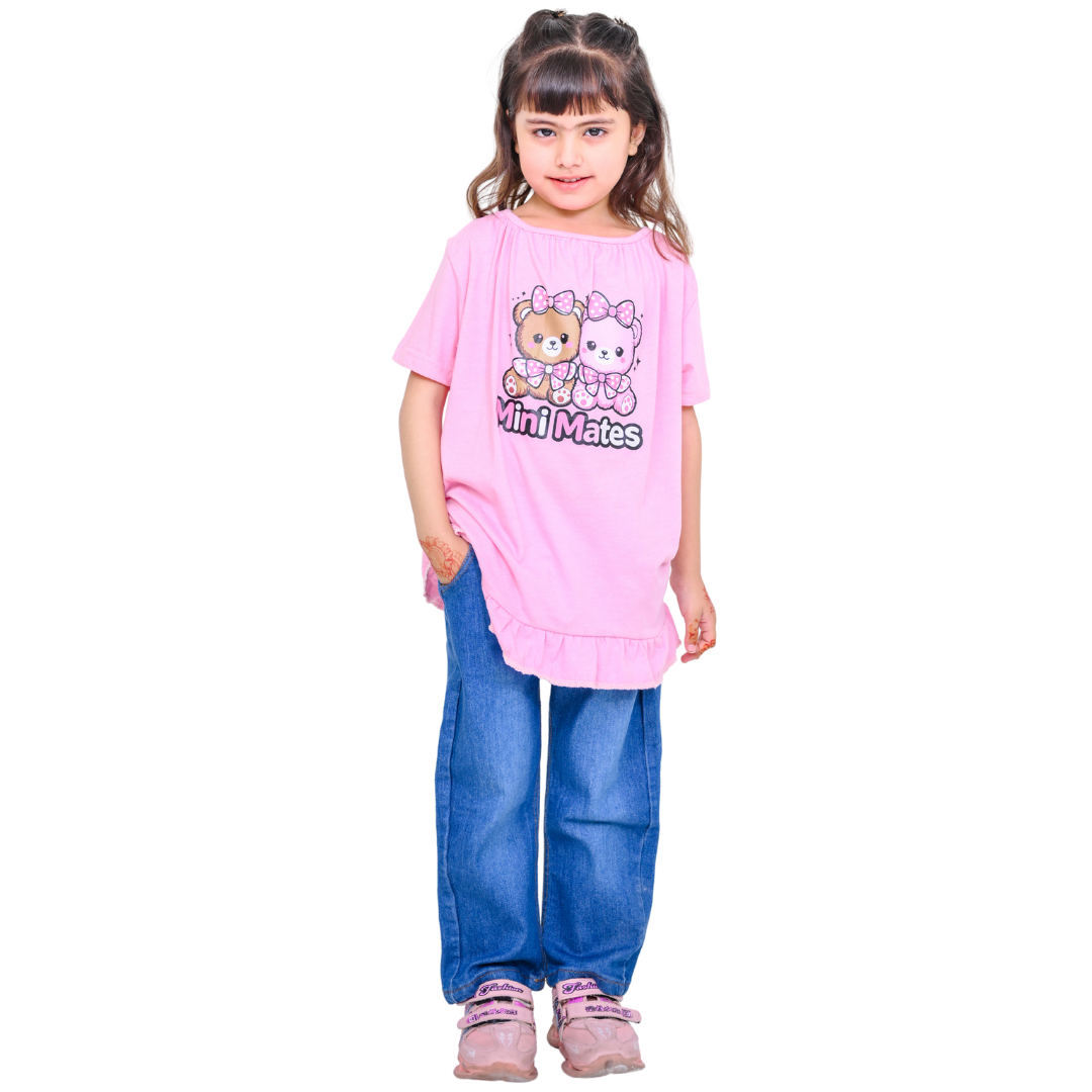 Front Ruched Neck Ruffled-Hem Pink Tee & Wide-Leg Denim Pant Set